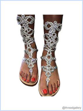 Rhinestone Gladiator Sandals PU Handmade Flat Ankle Strap Summer Beach Wedding